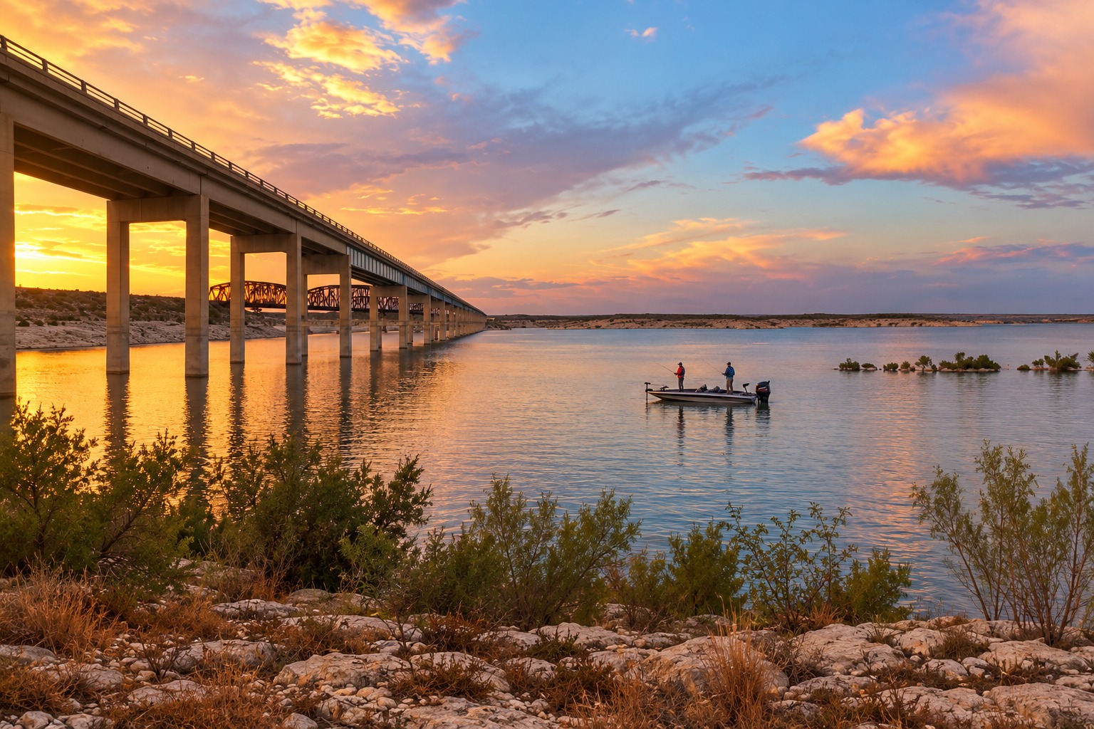 Lake Amistad Highway 90 bridge at sunset with a bass boat and anglers, digitally composed